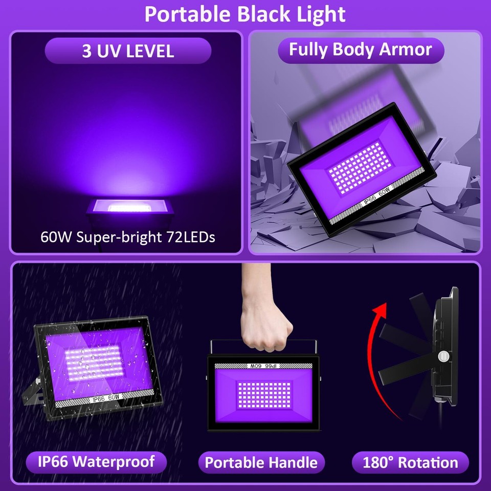 TSUN Outdoor Black Light, 2 Pack 60W LED Blacklight Flood Light