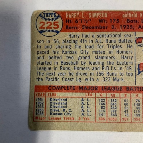 Tarjeta coleccionable de béisbol 1957 Topps Harry Simpson #225 - Imagen 5 de 6