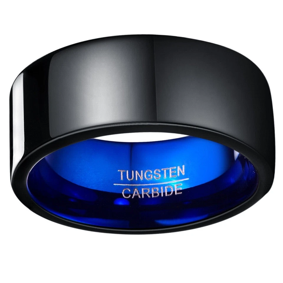 Black Tungsten Carbide Wedding Band for Men 10MM Biker Jewelry Ring Blue Inside - Image 2 of 4