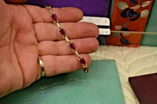 8Ct Emerald Lab Created Red Ruby Women's Tennis Bracelet 14K Yellow Gold Plated - Picture 3 of 4