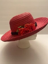 Red Hat Society Ladies Red with purple band with Roses - Dress Straw Hat