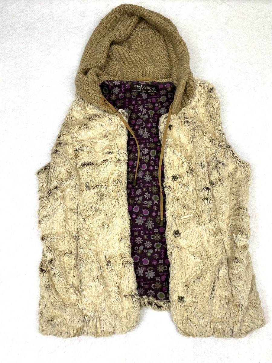 Zara Faux Fur Vest Knitted Hood Floral Interior Fabric Button Up Women s Size M