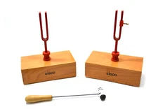 Eisco Labs Pair Of Resonant Tune-able Tuning Forks Mounted On Pine Box