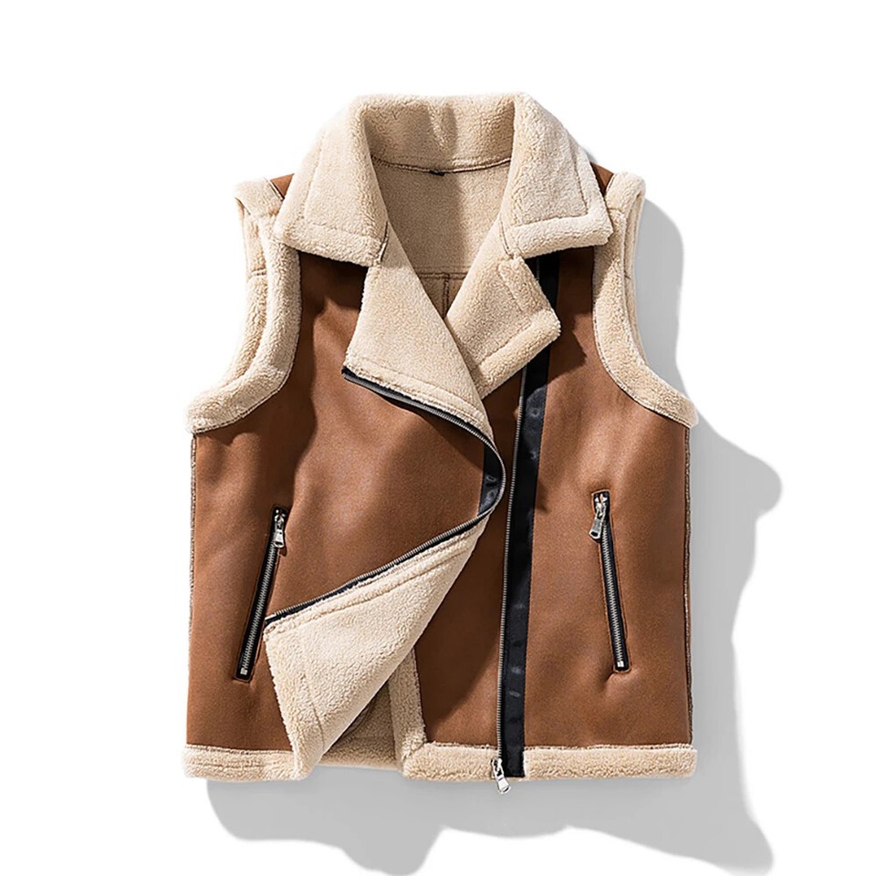Chaquetas de Cuero Sin Mangas Hombres Chaleco Estilo Punk Piel Forrado de Vellón Invierno Chaleco Abrigo