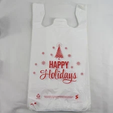 100 Qty. Happy Holiday Holiday Tree 1/6 Plastic T-Shirt Bags Handles 11"x6"x21"