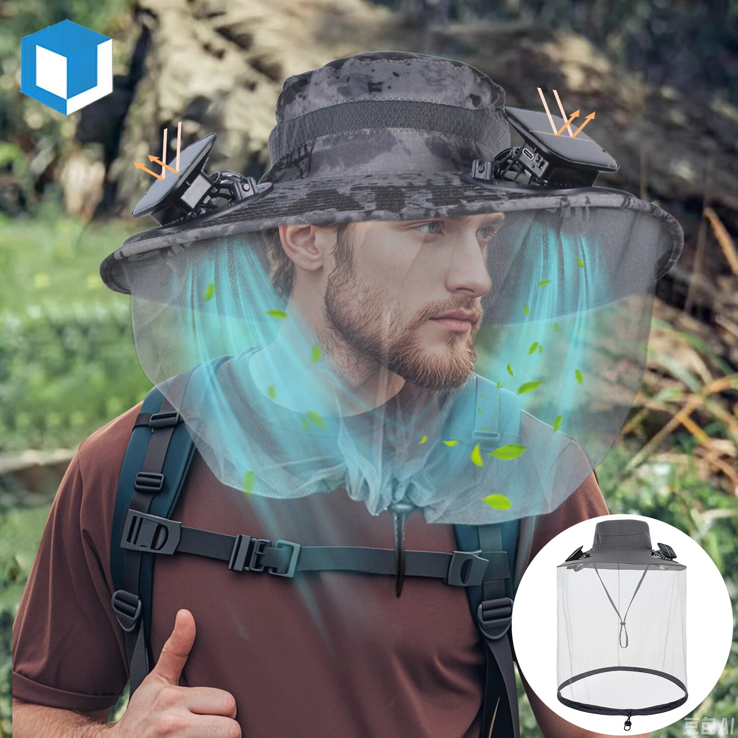 Big brim Solar Fan Outdoor Fishing Hat With 2 Solar Fan Mosquito Head Face Net