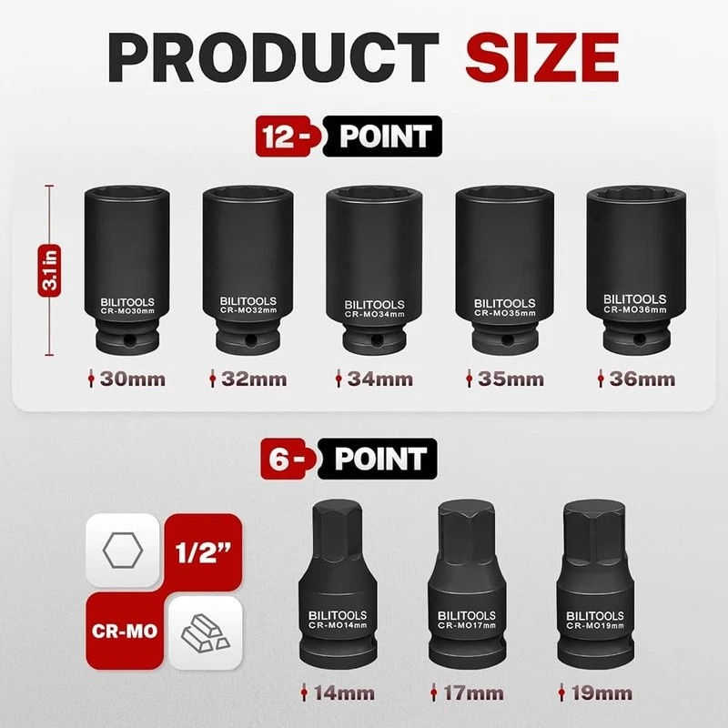 1/2 Inch Drive Deep Axle Nut Impact Socket Set 8 Pieces Chrome Moly Steel New - Image 4 of 4