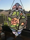 VTG RARE Beautiful Tiffany Style Stained Glass Flower Sun Catcher Oval 10" x 6"