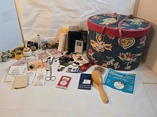 Vintage Quilted Sewing Box With Notions  