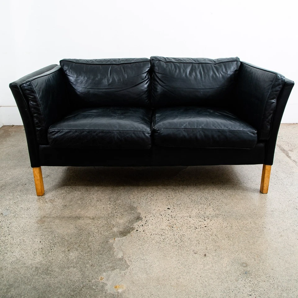 Mid Century Danish Modern Sofa Couch 2 Seat Borge Mogensen Leather Black Settee - Image 2 of 4