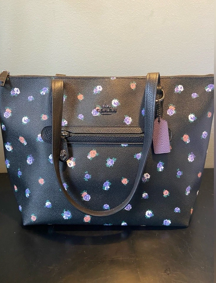 COACH Black Floral Taylor Tote in Vintage Rosebud w/ Black Leather w/ Gunmetal - Image 2 of 4