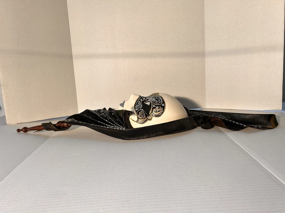 Beautiful Rare Hand Painted Masquerade Mask w Wood Handle 28x8” Full Face Mask - Image 4 of 4