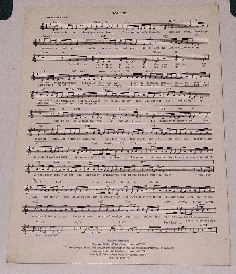 GLORIA ESTEFAN Anything for you 1987 Sheet Music & Lyrics (F7) - Image 2 of 4