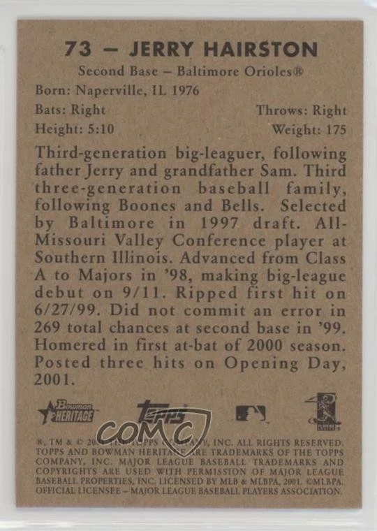 2001 Bowman Heritage Jerry Hairston Jr Jerry Hairston #73 - Image 2 of 2