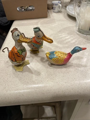 Vintage J. Chein Mechanical Tin Litho Walking Ducks Wind Up Toys X 3