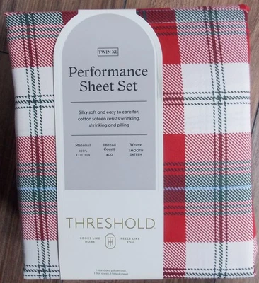 Threshold Performance TWIN XL Red Plaid Sheet Set ~ NEW TC 400