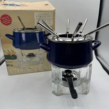 Vintage Chantal Cobalt Blue Enamel Fondue Fire And Ice Glass Base 2 Qt W Box