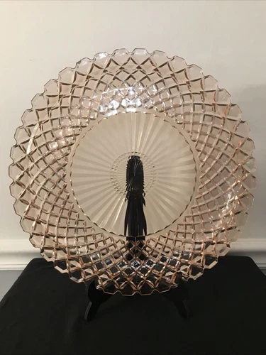 Vintage Lovely Pink Depression Glass Tray/ Etched Edge& Weave Pattern