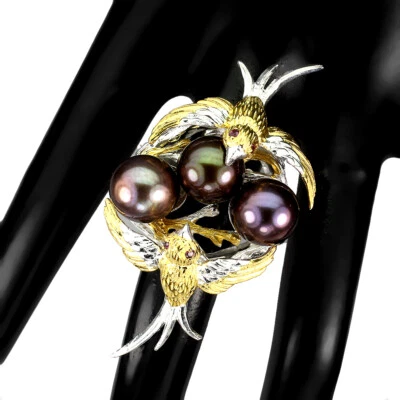 925 Sterlingsilber Ring Barock Perle Rhodolith Granat Edelstein Schmuck - Bild 1 von 4