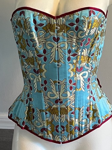 Overbust Corset Progressive Design Silk Brocade 22” Blue Boned - Picture 2 of 18
