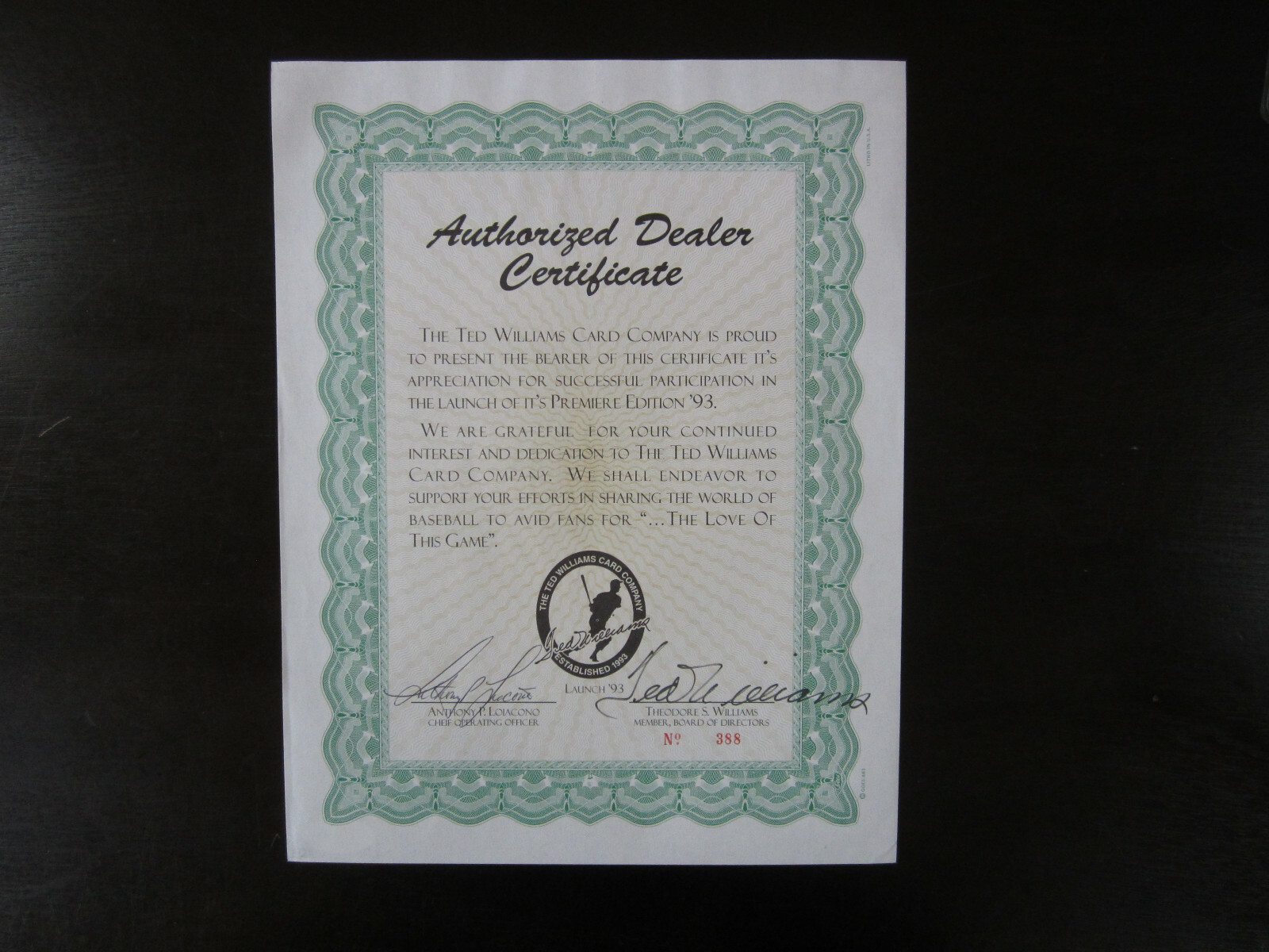 Ted Williams Autograph Signed 8-1/2 x 11 Certificate PSA/DNA Boston Red Sox