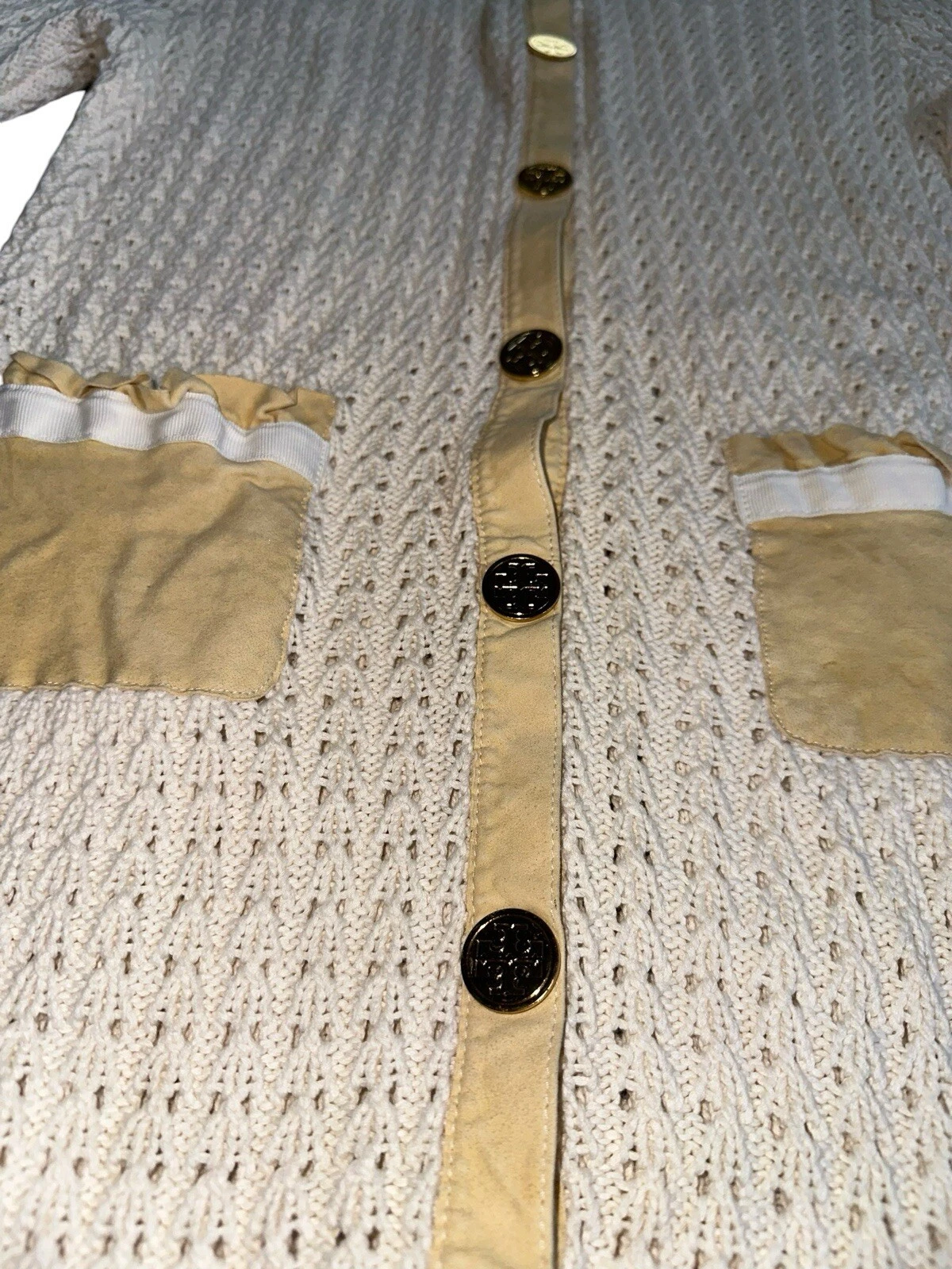 Abito Tory Burch maglia avorio scamosciato tasche bottoni oro taglia grande manica lunga