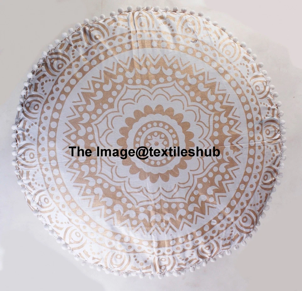 INDIAN WHITE GOLD OMBRE MANDALA OTTOMAN POUFFE FOOT STOOL POUF ROUND FLOOR POUF - Image 3 of 3