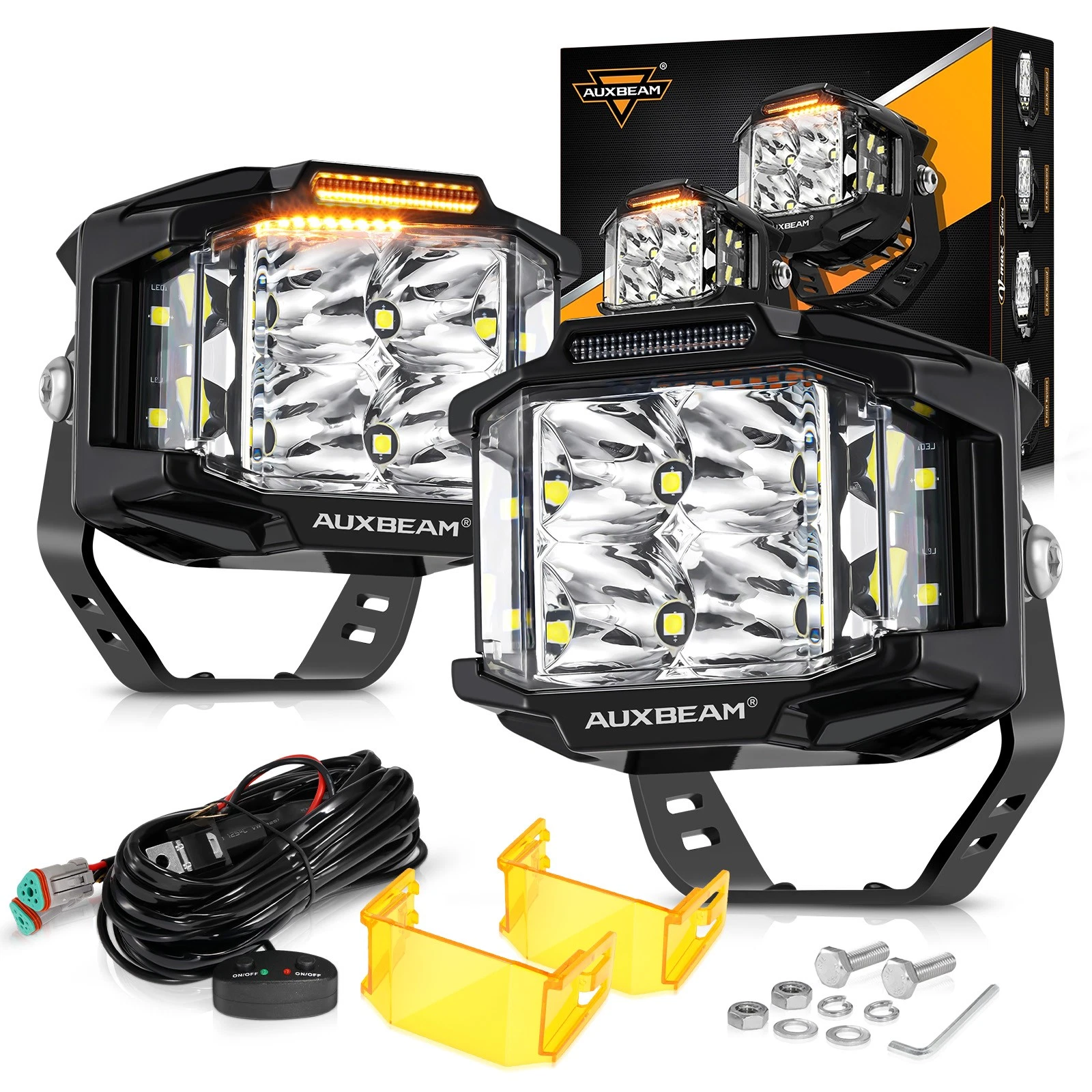 AUXBEAM 4 Inch LED Pods Off Road Driving Light Combo Lamp w/ Amber DRL Fog Light