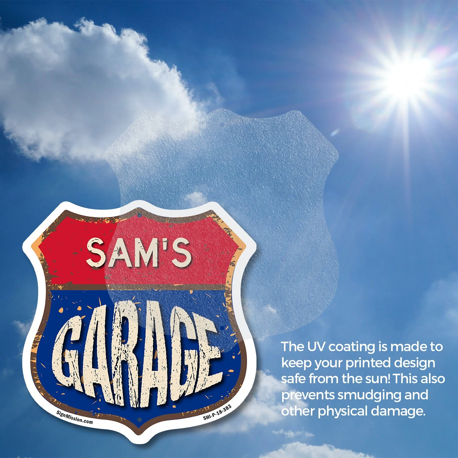 Sam's Garage Shield Metal Sign Weather-Resistant Crafted in the USA