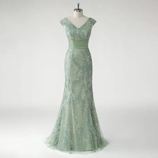 Sage green Prom Dresses Luxury V-neck Sleeveless Backless Lace Appliques Mermaid