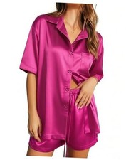 Pajamas for Women Silk Satin Pjs Soft Sleepwear Short Sleeve Medium Rose