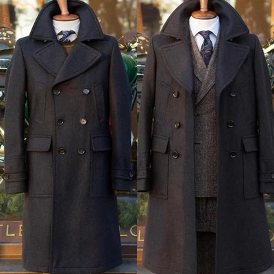 Tweed Herren Retro Mantel Business Pendler Jacke Knielang Doppelreihig Formal - Bild 1 von 4