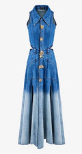 Sleeveless Blue Ombre Denim Maxi Dress Button Front Cut Out Pockets Size 3XL