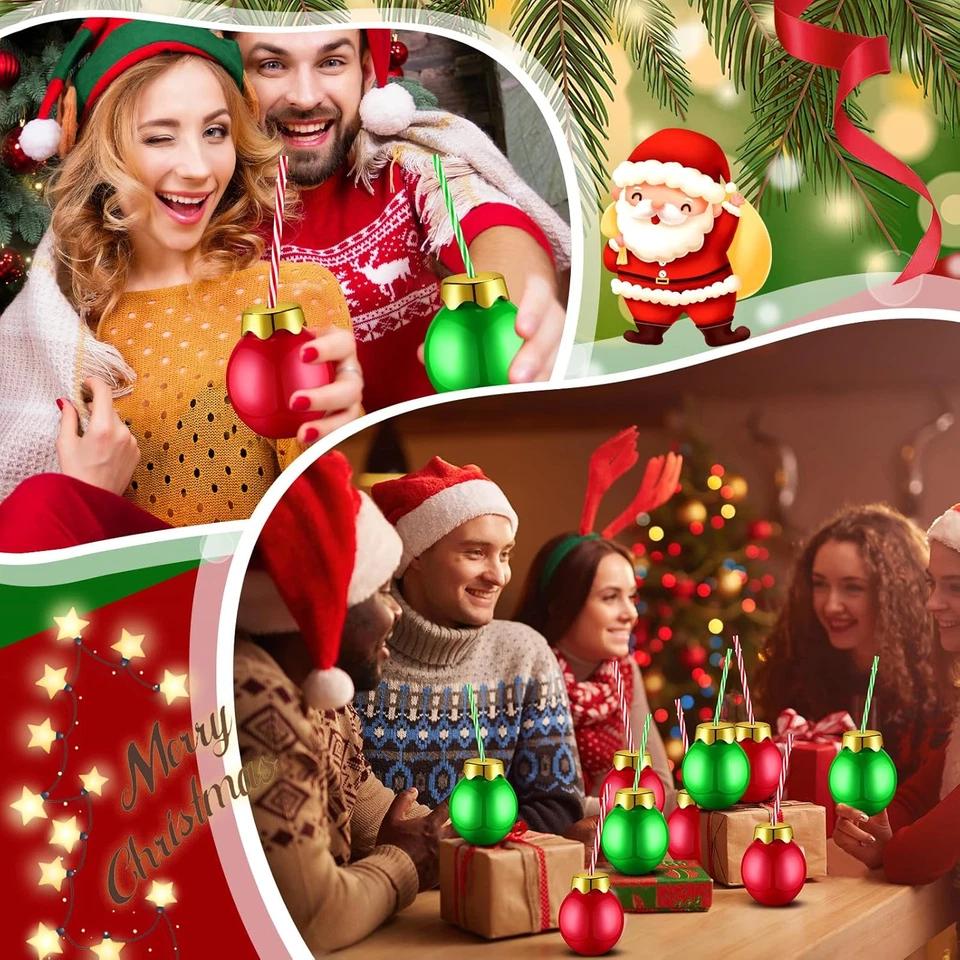 12 Piezas Bolas de Plástico de Navidad Tazas con Tapas y Pajitas Forma de Bola Roja y Verde Foto 3 de 4