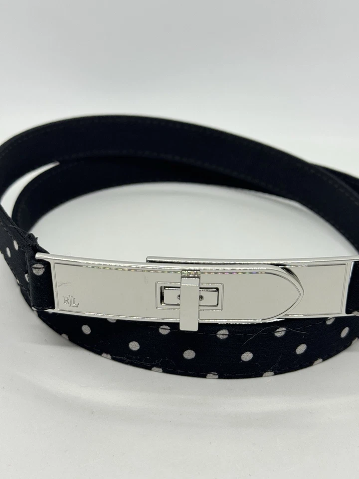 RALPH LAUREN Turn Lock Tela Lunares Mujer Cinturón Delgado - GRANDE - Negro/Blanco Foto 2 de 4