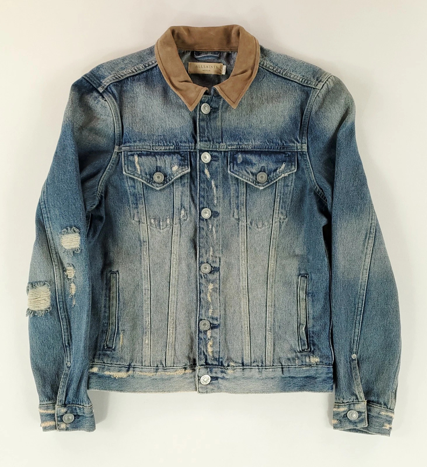 All Saints Jacket Denim Trucker Distressed Blue Suede Collar Mens M image 1