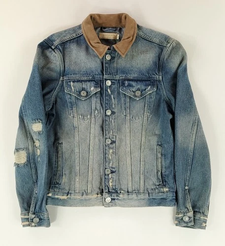 All Saints Jacket Denim Trucker Distressed Blue Suede Collar Mens M video thumbnail