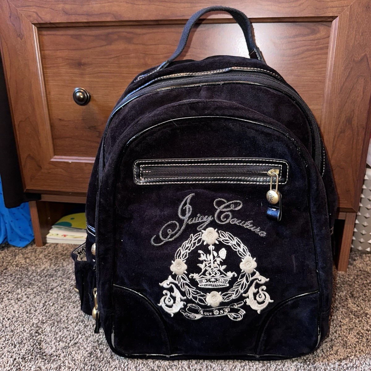 Y2K Vintage JUICY COUTURE Black Velour BACKPACK Bookbag 