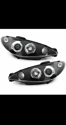 2 Feux Phare Avant Angel Eyes Led À Fond Noir Peugeot 206 Phase 2 - Photo 1/4