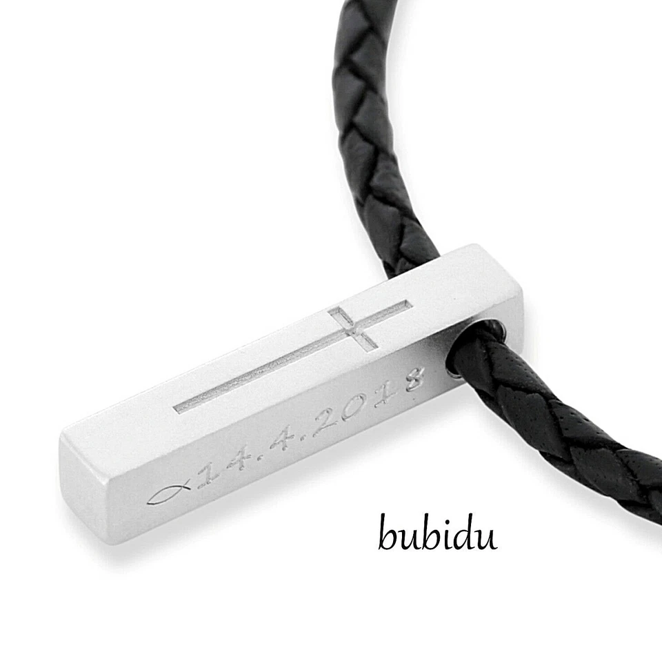 GALWANI Barrenkette 925 Sterling Silber Lederkette Gravur Kreuz Taufschmuck Junge Spruch