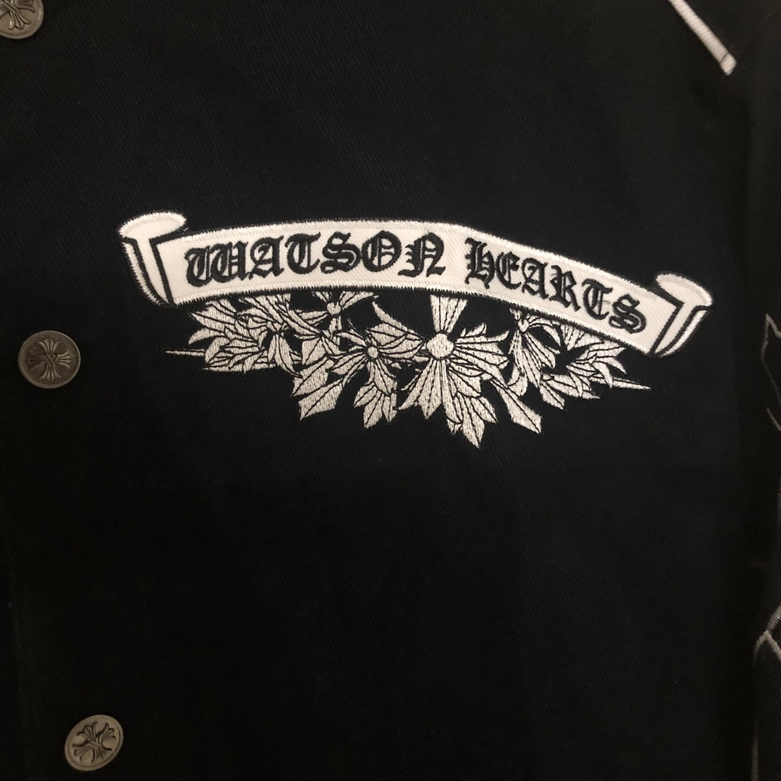 Watson Hearts Black Embroidered Skull Cross Bomber Jacket Snap-Front Button XS image 3
