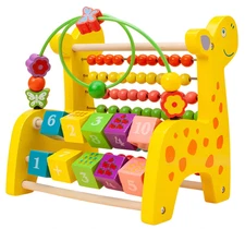 Wooden Giraffe Activity Cube Montessori Educational Toy with Abacus & Bead Maze