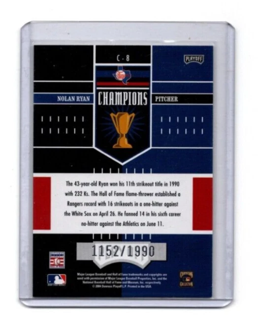 2004 Playoff Honors Champions Texas Rangers * Nolan Ryan * #C-8 * S/N 1152/1990 - Image 2 of 2
