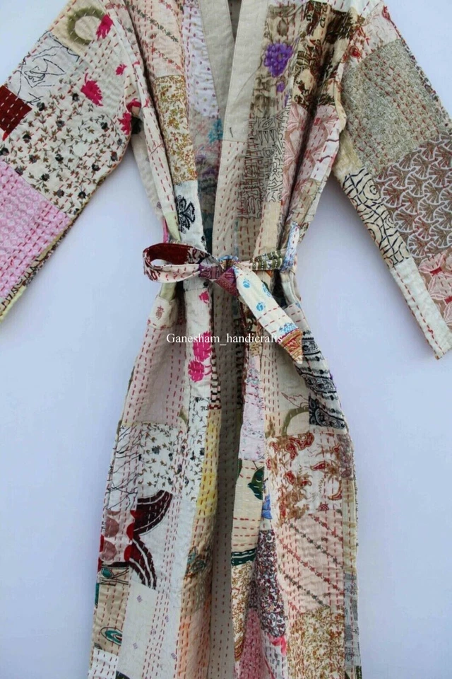 Chaqueta kantha hecha a mano con retazos de seda estilo kimono japonés bata kantha invierno Foto 3 de 4