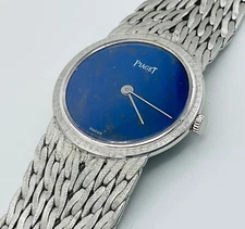Rare Piaget 18K White Gold Lapis Dial Manual Wind Watch & Box Vintage 1970’s