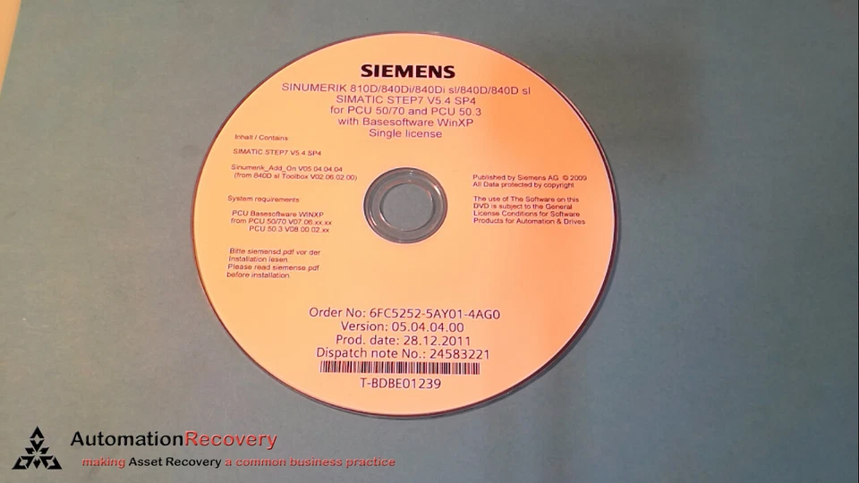LICENCIA DE SOFTWARE SIEMENS 6FC5252-5AY01-4AG0, SINUMERIK SIMATIC S7 810D, #271318 Foto 4 de 4