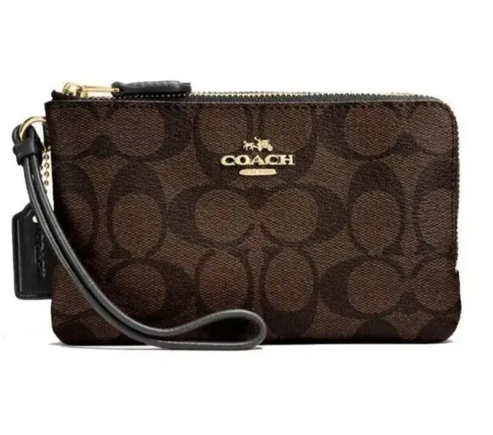 Nuovo autentico COACH braccialetto portafoglio con cerniera doppio angolo firmato PELLE marrone
