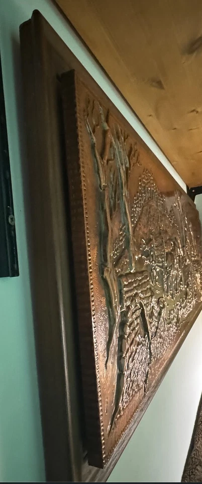 70 er Jahre großes dreidimensionales Kupferbild mit echtem Holzrahmen 147x47 cm - Bild 4 von 4