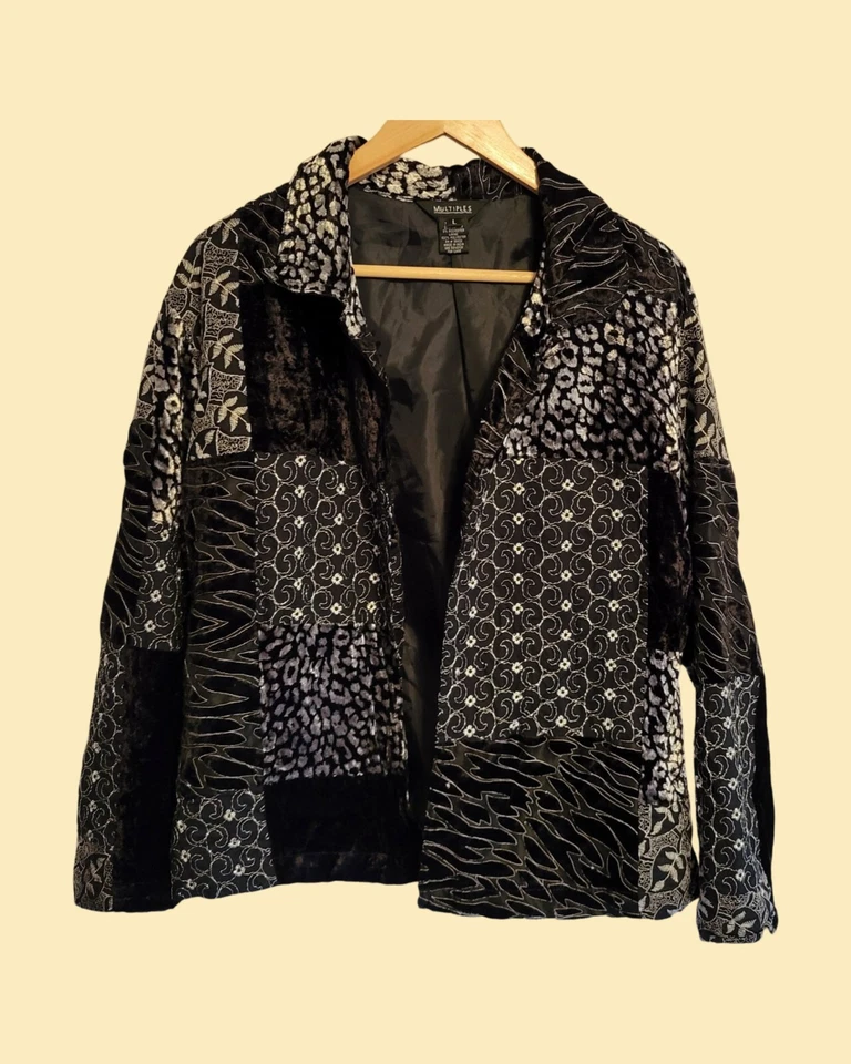 Vintage Indian Mixed Media Jacket Open Black Boho Patchwork L - Image 2 of 4