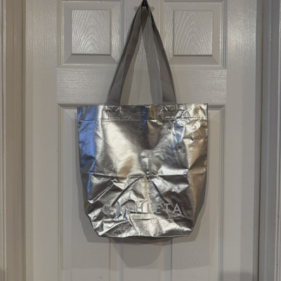 Athleta Shopping Tote Reusable Bag Gray Handle  17  Tall EUC Metallic Silver